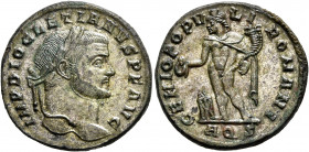 Diocletian, 284-305. Follis (Silvered bronze, 26 mm, 9.77 g, 12 h), Aquileia, 299. IMP DIOCLETIANVS P F AVG Laureate head of Diocletian to right. Rev....