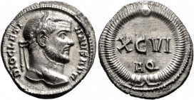 Diocletian, 284-305. Argenteus (Silver, 18 mm, 2.91 g, 6 h), Aquileia, 300. DIOCLETI-ANVS AVG Laureate head of Diocletian to right. Rev. XC•VI / AQ wi...