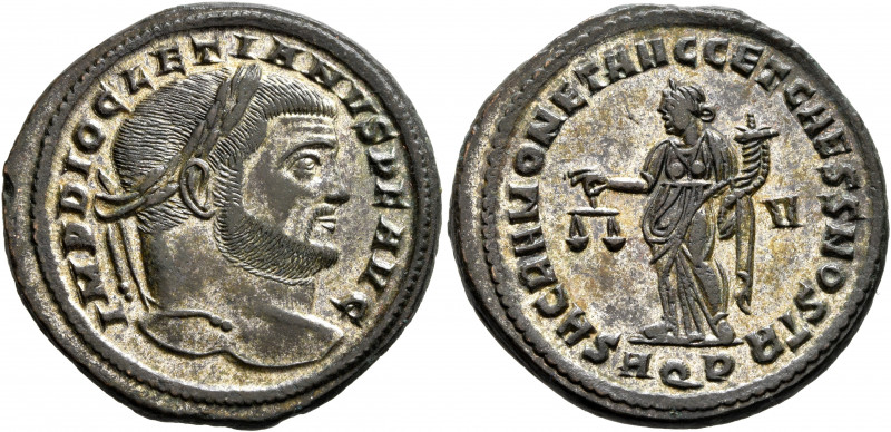Diocletian, 284-305. Follis (Silvered bronze, 18 mm, 10.67 g, 6 h), Aquileia, 30...