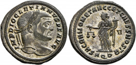 Diocletian, 284-305. Follis (Silvered bronze, 18 mm, 10.67 g, 6 h), Aquileia, 301. IMP DIOCLETIANVS P F AVG Laureate head of Diocletian to right. Rev....