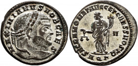 Galerius, as Caesar, 293-305. Follis (Silvered bronze, 27 mm, 10.11 g, 6 h), Aquileia, 301. MAXIMIANVS NOB CAES Laureate head of Galerius to right. Re...