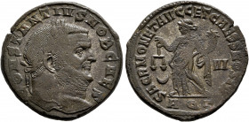 Constantius I, as Caesar, 293-305. Follis (Bronze, 27 mm, 10.29 g, 12 h), Aquileia, 304-305. CONSTANTIVS NOB CAES Laureate head of Constantius I to ri...