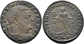 Galerius, 305-311. Follis (Bronze, 27 mm, 10.27 g, 7 h), Aquileia, 306-307. IMP C MAXIMIANVS P F AVG Laureate head of Galerius to right. Rev. FIDES MI...