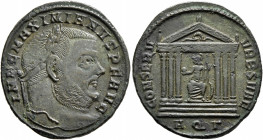 Maximianus, second reign, 307-308. Follis (Bronze, 28 mm, 6.36 g, 6 h), Aquileia, 307. IMP C MAXIMIANVS P F AVG Laureate head of Maximianus to right. ...