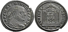 Maximianus, second reign, 307-308. Follis (Bronze, 27 mm, 6.16 g, 5 h), Aquileia, 307. IMP C MAXIMIANVS P F AVG Laureate head of Maximianus to right. ...