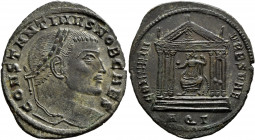 Constantine I, as Caesar, 306-309. Follis (Bronze, 29 mm, 5.28 g, 6 h), Aquileia, 307. CONSTANTINVS NOB CAES Laureate head of Constantine I to right. ...