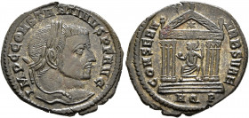 Constantine I, 307/310-337. Follis (Bronze, 26 mm, 6.16 g, 12 h), Aquileia, 308. IMP C CONSTANTINVS P F AVG Laureate head of Constantine I to right. R...