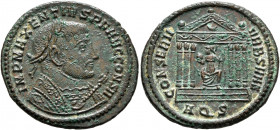 Maxentius, 307-312. Follis (Bronze, 27 mm, 7.35 g, 12 h), Aquileia, 308-309. IMP MAXENTIVS P F AVG CONS II Laureate bust of Maxentius to right in cons...