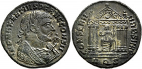 Maxentius, 307-312. Follis (Bronze, 24 mm, 5.64 g, 6 h), Aquileia, 308-309. IMP MAXENTIVS P F AVG CONS II Laureate bust of Maxentius to right in consu...