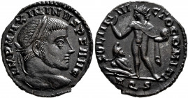Maximinus II, 310-313. Follis (Bronze, 21 mm, 3.33 g, 12 h), Aquileia, 312-313. IMP MAXIMINVS P F AVG Laureate head of Maximinus II to right. Rev. SOL...