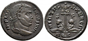 Licinius I, 308-324. Follis (Bronze, 18.5 mm, 3.28 g, 6 h), Aquileia, 320. IMP LIC-INIVS AVG Laureate head of Licinius I to right. Rev. VIRTVS - EXERC...