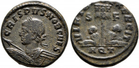 Crispus, Caesar, 316-326. Follis (Bronze, 18 mm, 3.42 g, 6 h), Aquileia, 320. CRISPVS NOB CAES Laureate and cuirassed bust of Crispus to left, seen fr...