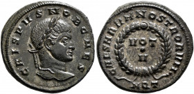 Crispus, Caesar, 316-326. Follis (Bronze, 19 mm, 3.32 g, 11 h), Aquileia, 320-321. CRISPVS NOB CAES Laureate head of Crispus to right. Rev. CAESARVM N...