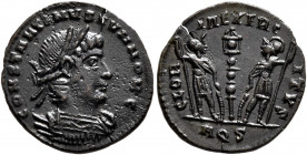Constantine II, as Caesar, 316-337. Follis (Bronze, 16 mm, 1.54 g, 12 h), Aquileia, 336-337. CONSTANTINVS IVN NOB C Laureate and cuirassed bust of Con...