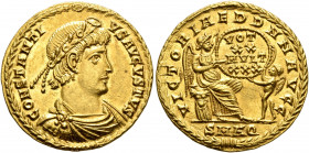 Constantius II, 337-361. Solidus (Gold, 21 mm, 4.50 g, 12 h), Aquileia, 340-350. CONSTANTI-VS AVGVSTVS Laurel-and-rosette-diademed, draped and cuirass...