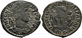 Constans, 337-350. Follis (Bronze, 25 mm, 4.99 g, 12 h), Aquileia, 348-350. D N CONSTA-NS P F AVG Pearl-diademed, draped and cuirassed bust of Constan...