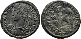 Constantius II, 337-361. Follis (Bronze, 22 mm, 4.74 g, 12 h), Aquileia, 348-350. D N CONSTAN-TIVS P F AVG Pearl-diademed, draped and cuirassed bust o...