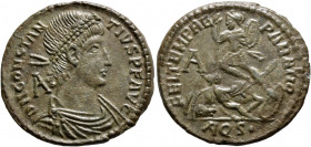 Constantius II, 337-361. Follis (Bronze, 25 mm, 5.00 g, 6 h), Aquileia, 348-352. D N CONSTAN-TIVS P F AVG Pearl-diademed, draped and cuirassed bust of...