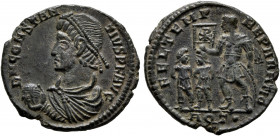 Constantius II, 337-361. Follis (Bronze, 21 mm, 3.86 g, 11 h), Aquileia, 348-350. D N CONSTAN-TIVS P F AVG Pearl-diademed, draped and cuirassed bust o...