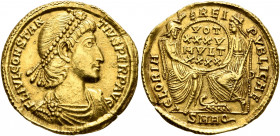 Constantius II, 337-361. Solidus (Gold, 21 mm, 4.36 g, 12 h), Aquileia, 355-361. FL IVL CONSTAN-TIVS PERP AVG Pearl-diademed, draped and cuirassed bus...