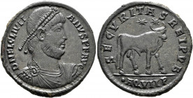 Julian II, 360-363. Follis (Bronze, 29 mm, 8.54 g, 1 h), Aquileia, 361-363. D N FL CL IVLI-ANVS P F AVG Pearl-diademed, draped and cuirassed bust of J...