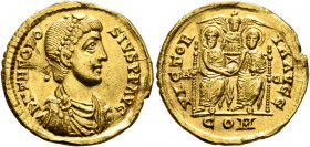 Theodosius I, 379-395. Solidus (Gold, 21 mm, 4.44 g, 6 h), Aquileia, August-September 388. D N THEODO-SIVS P F AVG Pearl-diademed, draped and cuirasse...