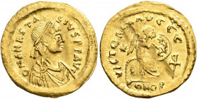 Anastasius I, 491-518. Semissis (Gold, 19 mm, 2.24 g, 6 h), Constantinopolis, circa 507-518. D N ANASTASIVS P P AVG Pearl-diademed, draped and cuirass...
