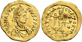 Anastasius I, 491-518. Tremissis (Gold, 14 mm, 1.49 g, 5 h), Constantinopolis. D N ANASTASIVS P P AVG Pearl-diademed, draped and cuirassed bust of Ana...