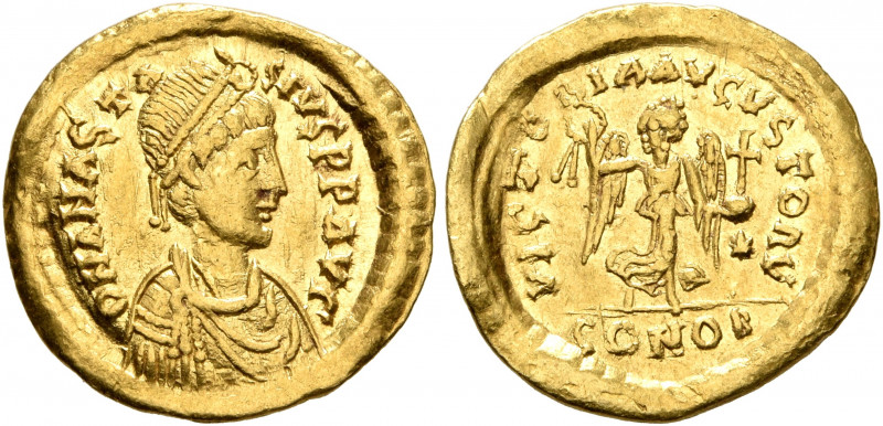Anastasius I, 491-518. Tremissis (Gold, 15 mm, 1.49 g, 6 h), Constantinopolis. D...
