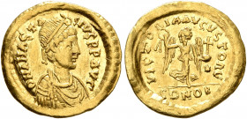 Anastasius I, 491-518. Tremissis (Gold, 15 mm, 1.49 g, 6 h), Constantinopolis. D N ANASTASIVS P P AVG Pearl-diademed, draped and cuirassed bust of Ana...