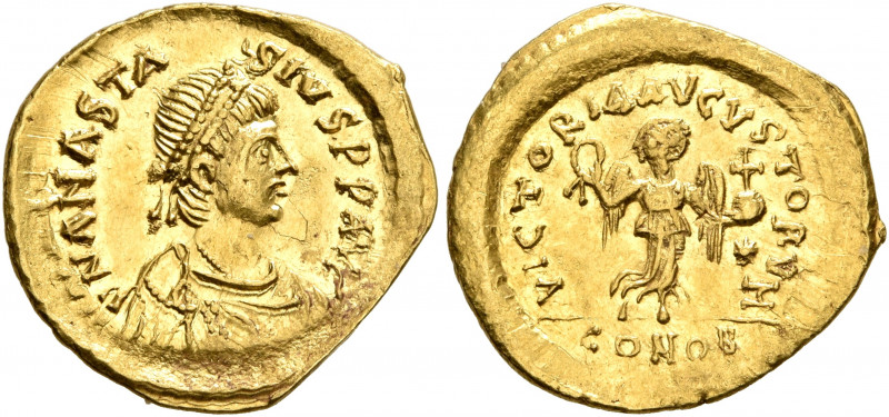 Anastasius I, 491-518. Tremissis (Gold, 15 mm, 1.45 g, 7 h), Constantinopolis. D...