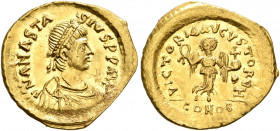 Anastasius I, 491-518. Tremissis (Gold, 15 mm, 1.45 g, 7 h), Constantinopolis. D N ANASTASIVS P P AVG Pearl-diademed, draped and cuirassed bust of Ana...