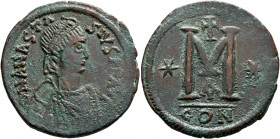 Anastasius I, 491-518. Follis (Bronze, 35 mm, 20.23 g, 5 h), Constantinopolis, 498-518. D N ANASTASIVS P P AVG Diademed, draped and cuirassed bust of ...