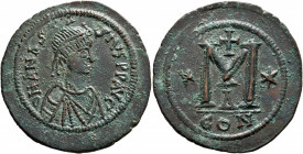 Anastasius I, 491-518. Follis (Bronze, 38 mm, 18.99 g, 7 h), Constantinopolis, 498-518. D N ANASTASIVS P P AVG Diademed, draped and cuirassed bust of ...