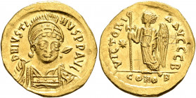 Justin I, 518-527. Solidus (Gold, 20 mm, 4.18 g, 6 h), Constantinopolis, 519-527. D N IVSTINVS P P AVG Pearl-diademed, helmeted and cuirassed bust of ...