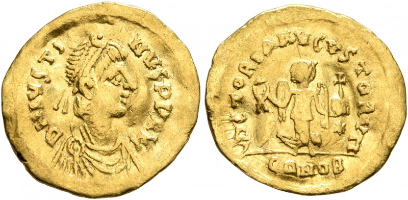 Justin I, 518-527. Tremissis (Gold, 15 mm, 1.43 g, 7 h), Constantinopolis. D N I...