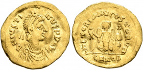 Justin I, 518-527. Tremissis (Gold, 15 mm, 1.43 g, 7 h), Constantinopolis. D N IVSTINVS P P AVI Diademed, draped and cuirassed bust of Justin I to rig...