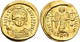 Justinian I, 527-565. Solidus (Gold, 20 mm, 4.46 g, 6 h), Constantinopolis, circa 538-545. D N IVSTINIANVS P P AVG Helmeted and cuirassed bust of Just...