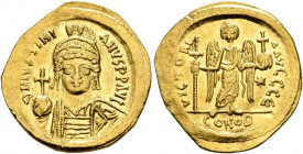 Justinian I, 527-565. Solidus (Gold, 21 mm, 4.32 g, 5 h), Constantinopolis, circa 538-545. D N IVSTINIANVS P P AVG Helmeted and cuirassed bust of Just...