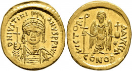 Justinian I, 527-565. Solidus (Gold, 21 mm, 4.47 g, 6 h), Constantinopolis, circa 538-545. D N IVSTINIANVS P P AVG Helmeted and cuirassed bust of Just...