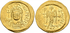 Justinian I, 527-565. Solidus (Gold, 21 mm, 4.49 g, 6 h), Constantinopolis, 545-565. D N IVSTINIANVS P P AVG Helmeted and cuirassed bust of Justinian ...
