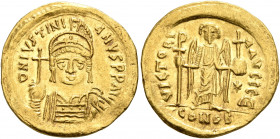 Justinian I, 527-565. Solidus (Gold, 20 mm, 4.45 g, 7 h), Constantinopolis, 545-565. D N IVSTINIANVS P P AVG Helmeted and cuirassed bust of Justinian ...