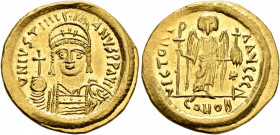 Justinian I, 527-565. Solidus (Gold, 20 mm, 4.45 g, 5 h), Constantinopolis, 545-565. D N IVSTINIANVS P P AVG Helmeted and cuirassed bust of Justinian ...