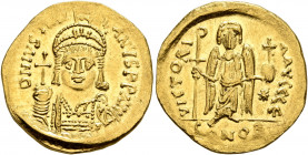 Justinian I, 527-565. Solidus (Gold, 20 mm, 4.41 g, 6 h), Constantinopolis, 545-565. D N IVSTINIANVS P P AVG Helmeted and cuirassed bust of Justinian ...