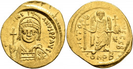 Justinian I, 527-565. Solidus (Gold, 21 mm, 4.41 g, 7 h), Constantinopolis, 545-565. D N IVSTINIANVS P P AVI Helmeted and cuirassed bust of Justinian ...