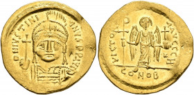 Justinian I, 527-565. Solidus (Gold, 21 mm, 4.49 g, 6 h), Constantinopolis, 545-565. D N IVSTINIANVS P P AVI Helmeted and cuirassed bust of Justinian ...