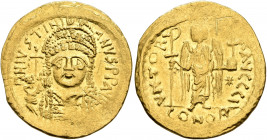 Justinian I, 527-565. Solidus (Gold, 21 mm, 4.49 g, 6 h), Constantinopolis, 545-565. D N IVSTINIANVS P P AVI Helmeted and cuirassed bust of Justinian ...