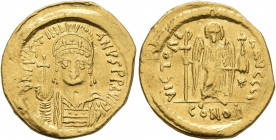 Justinian I, 527-565. Solidus (Gold, 20 mm, 4.04 g, 6 h), Constantinopolis, circa 545-565. D N IVSTINIANVS P P AVG Helmeted and cuirassed bust of Just...
