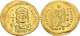 Justinian I, 527-565. Solidus (Gold, 22 mm, 4.47 g, 6 h), Constantinopolis, 545-565. D N IVSTINIANVS P P AVG Helmeted and cuirassed bust of Justinian ...