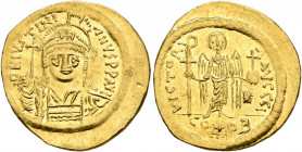 Justinian I, 527-565. Solidus (Gold, 21 mm, 4.50 g, 7 h), Constantinopolis, 545-565. D N IVSTINIANVS P P AVG Helmeted and cuirassed bust of Justinian ...